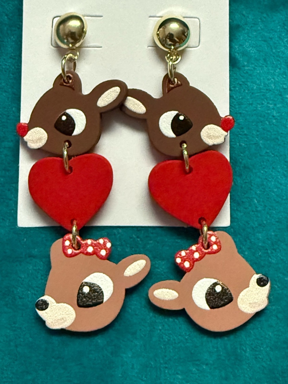 Christmas Holiday Reindeer Heart Drop Earrings - Red & Brown NEW